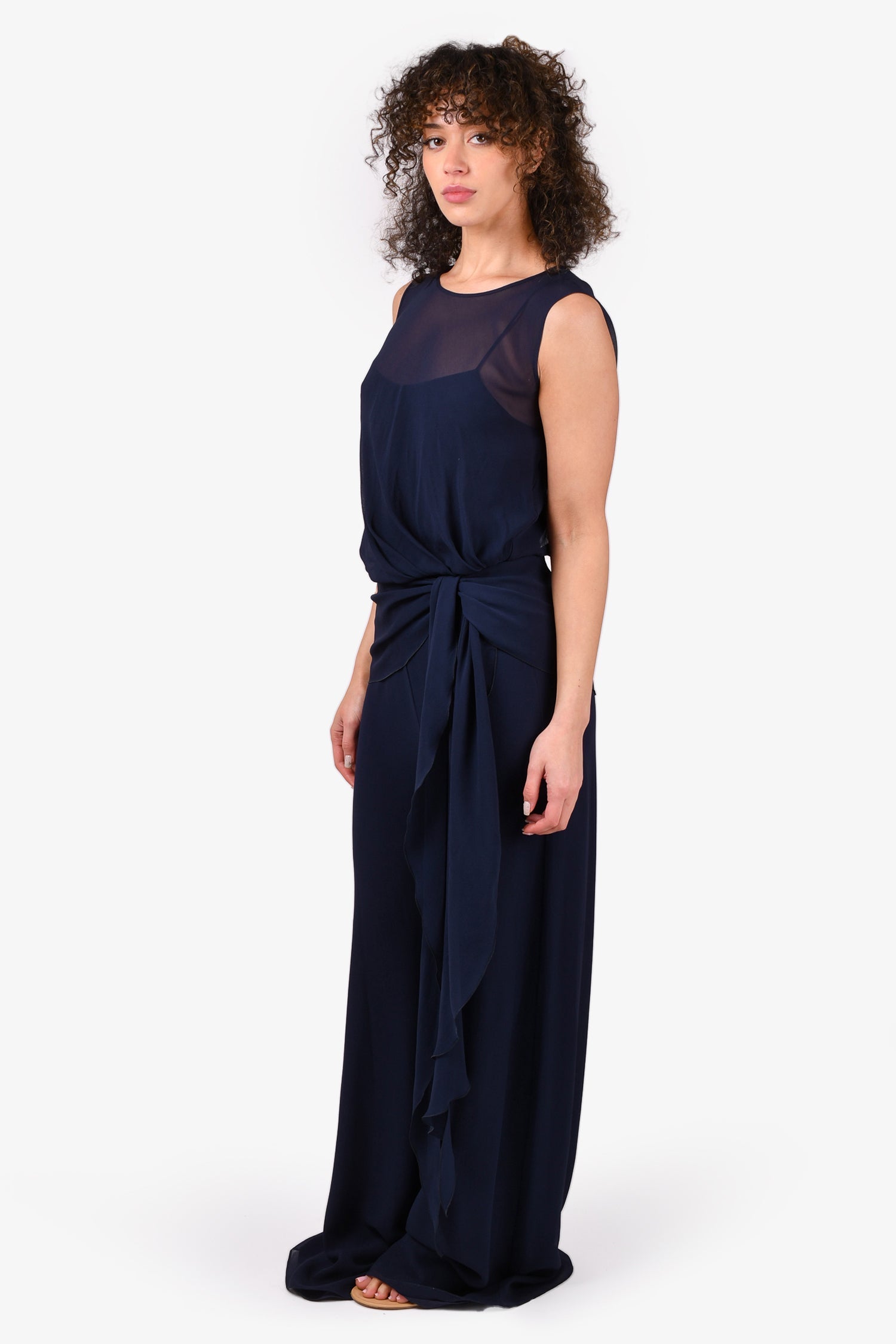 Max Mara Navy Blue Silk Ruffle Jumpsuit Size 42