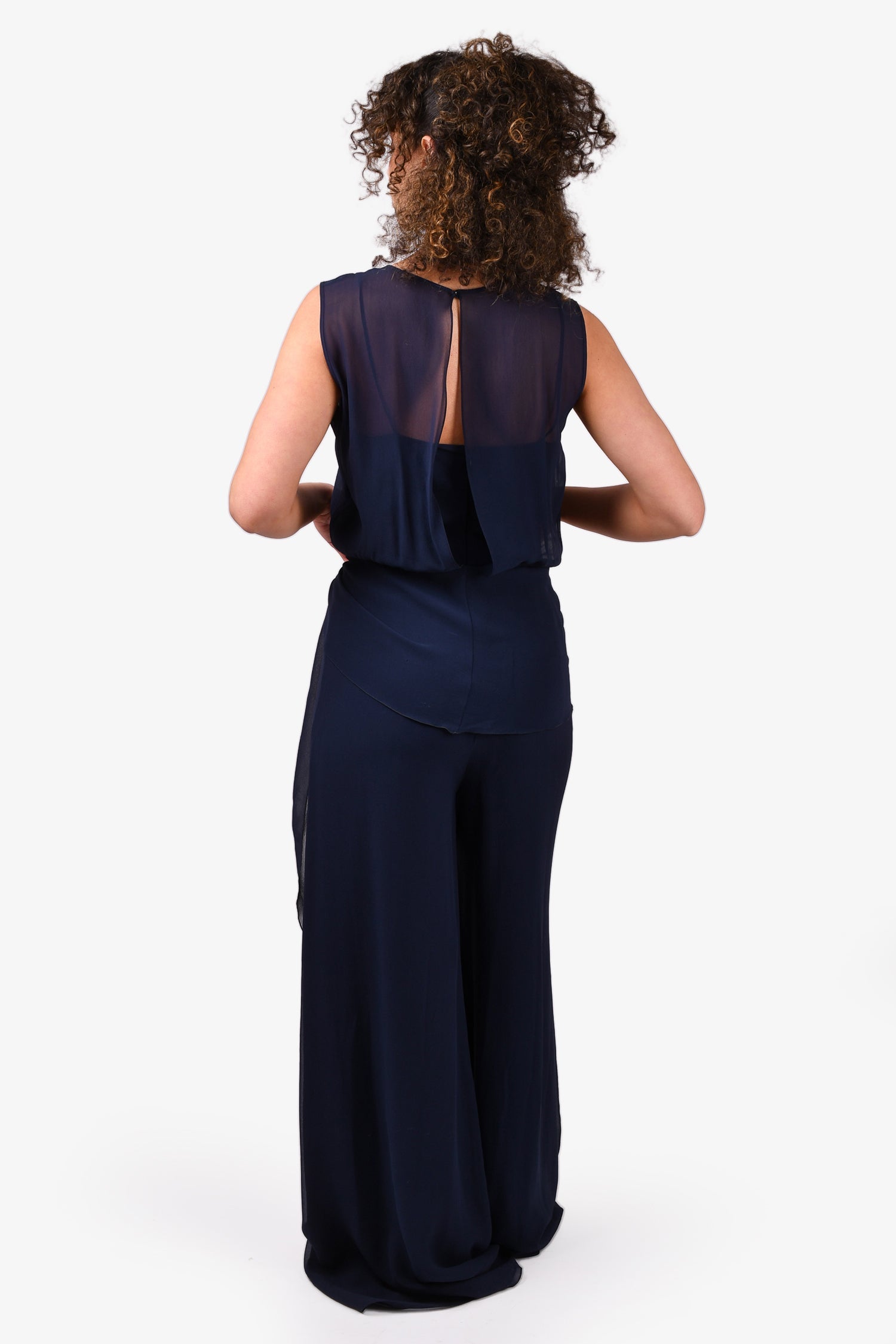 Max Mara Navy Blue Silk Ruffle Jumpsuit Size 42