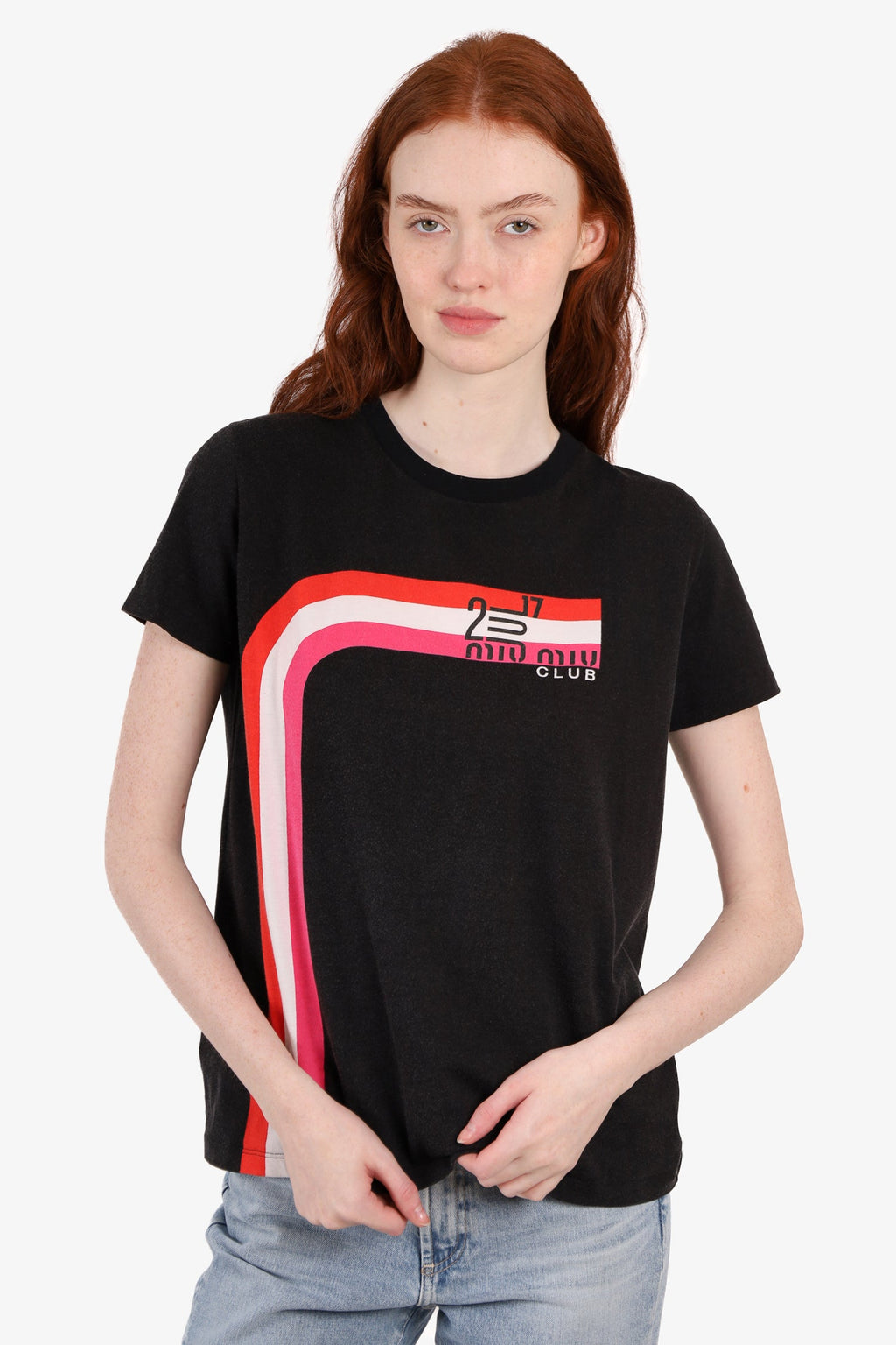 Miu Miu Black Cotton Club Print T-Shirt Size L