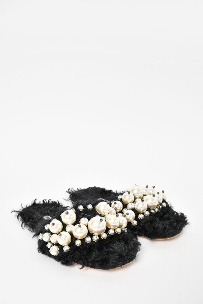 Miu Miu Black Shearling Pearl Embellished Slides Size 36.5