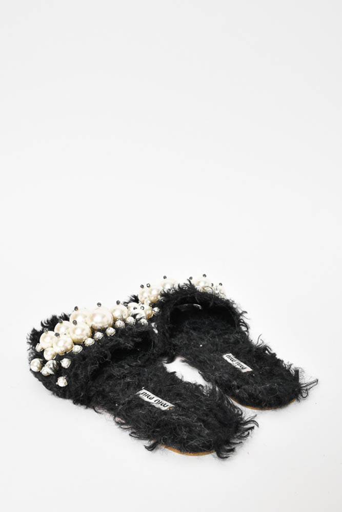 Miu Miu Black Shearling Pearl Embellished Slides Size 36.5