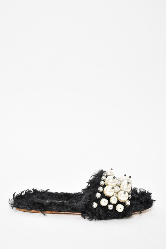 Miu Miu Black Shearling Pearl Embellished Slides Size 36.5