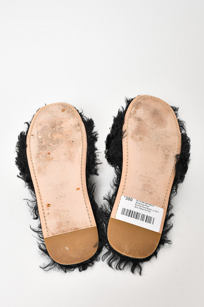Miu Miu Black Shearling Pearl Embellished Slides Size 36.5