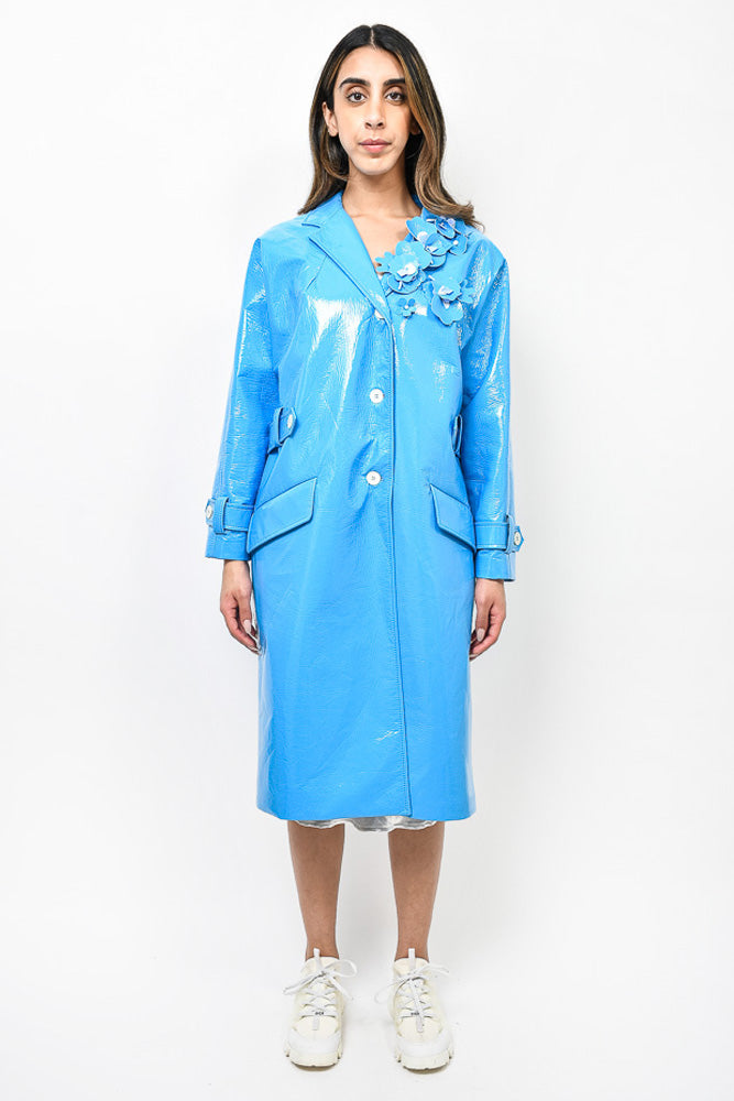 Miu Miu Blue Patent Leather Flower Detail Coat Size 46