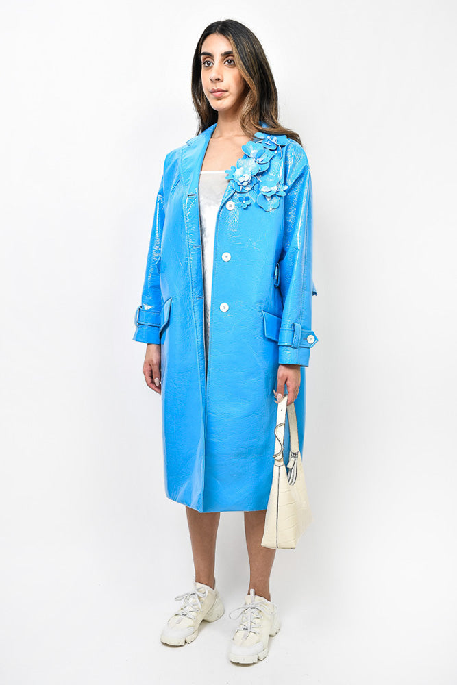 Miu Miu Blue Patent Leather Flower Detail Coat Size 46