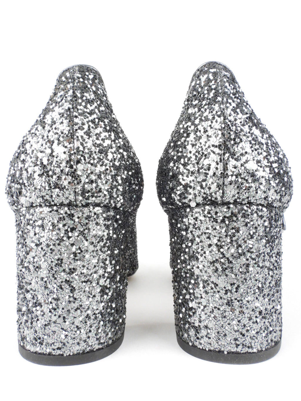 Miu Miu Gunmetal Glitter Leather Mary Jane Block Heel Shoes - 39