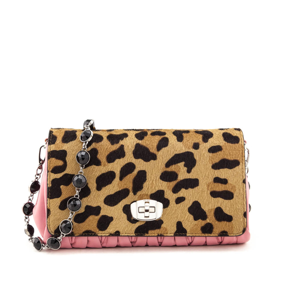 Miu Miu Leopard Calf Hair & Rosa Miele Nappa Matelasse Crystal Chain Shoulder Bag