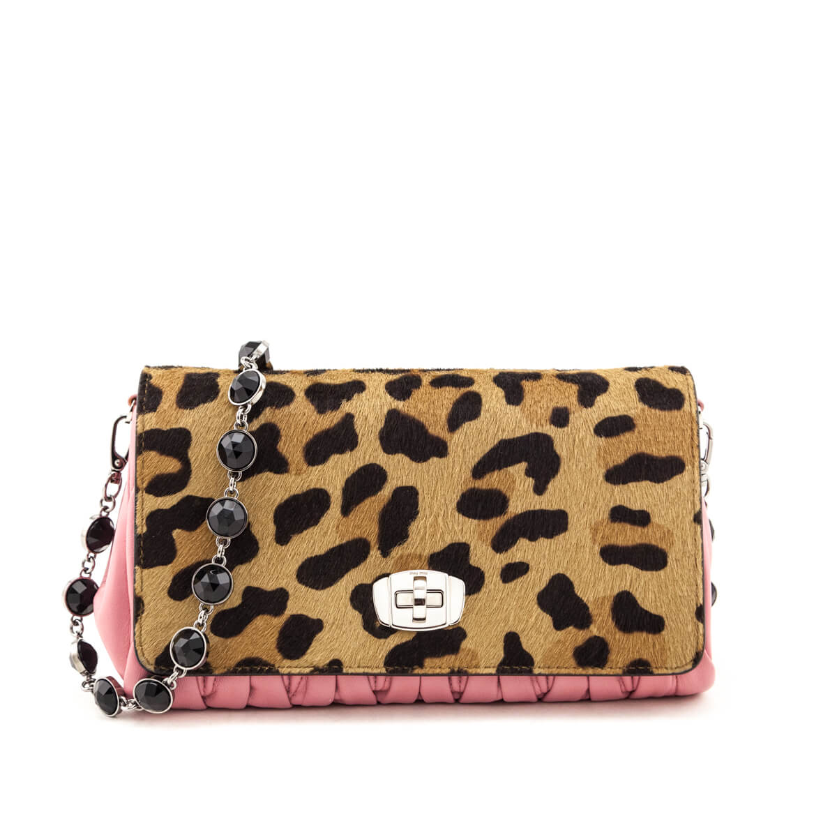 Miu Miu Leopard Calf Hair & Rosa Miele Nappa Matelasse Crystal Chain Shoulder Bag