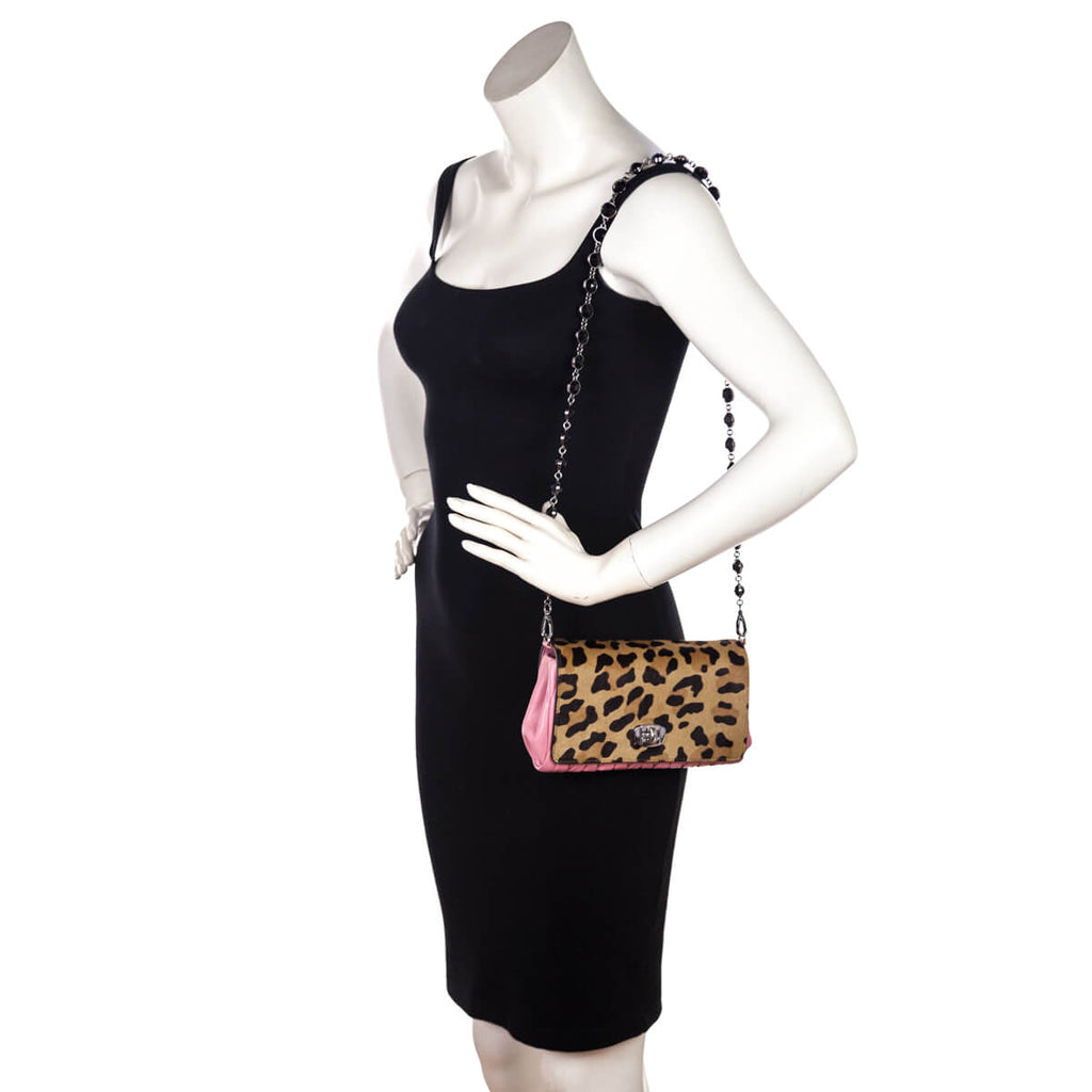 Miu Miu Leopard Calf Hair & Rosa Miele Nappa Matelasse Crystal Chain Shoulder Bag