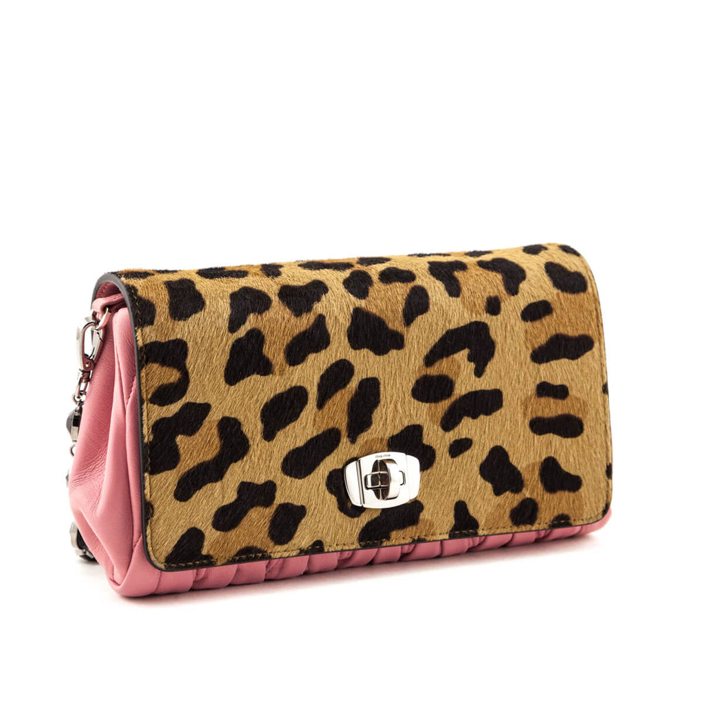 Miu Miu Leopard Calf Hair & Rosa Miele Nappa Matelasse Crystal Chain Shoulder Bag