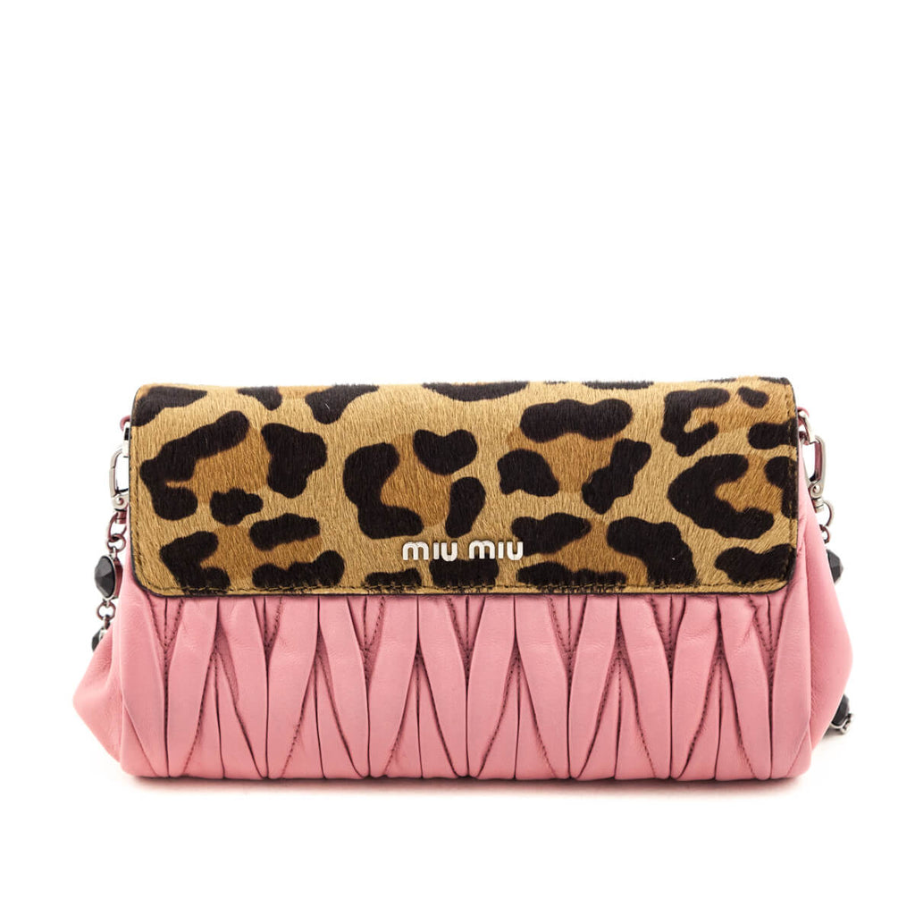 Miu Miu Leopard Calf Hair & Rosa Miele Nappa Matelasse Crystal Chain Shoulder Bag