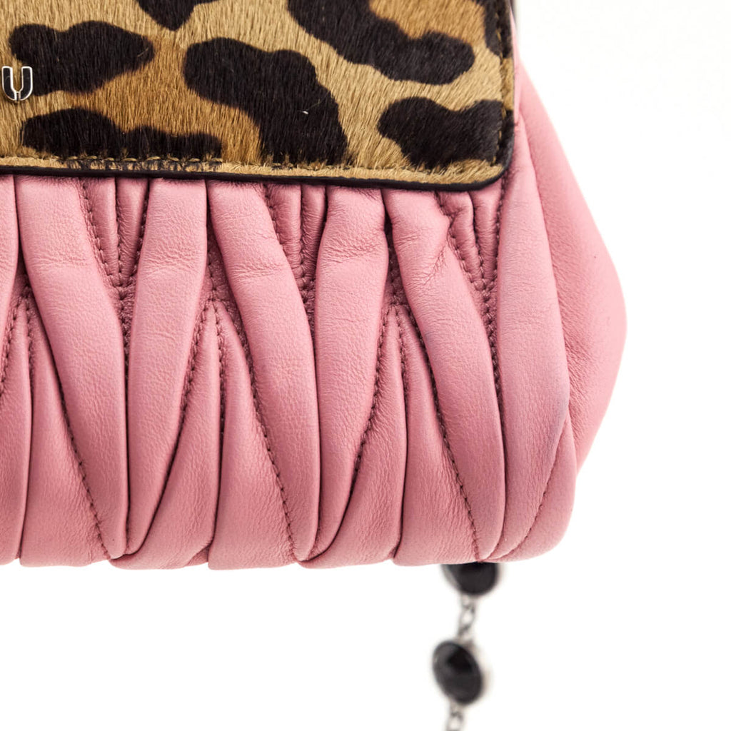 Miu Miu Leopard Calf Hair & Rosa Miele Nappa Matelasse Crystal Chain Shoulder Bag