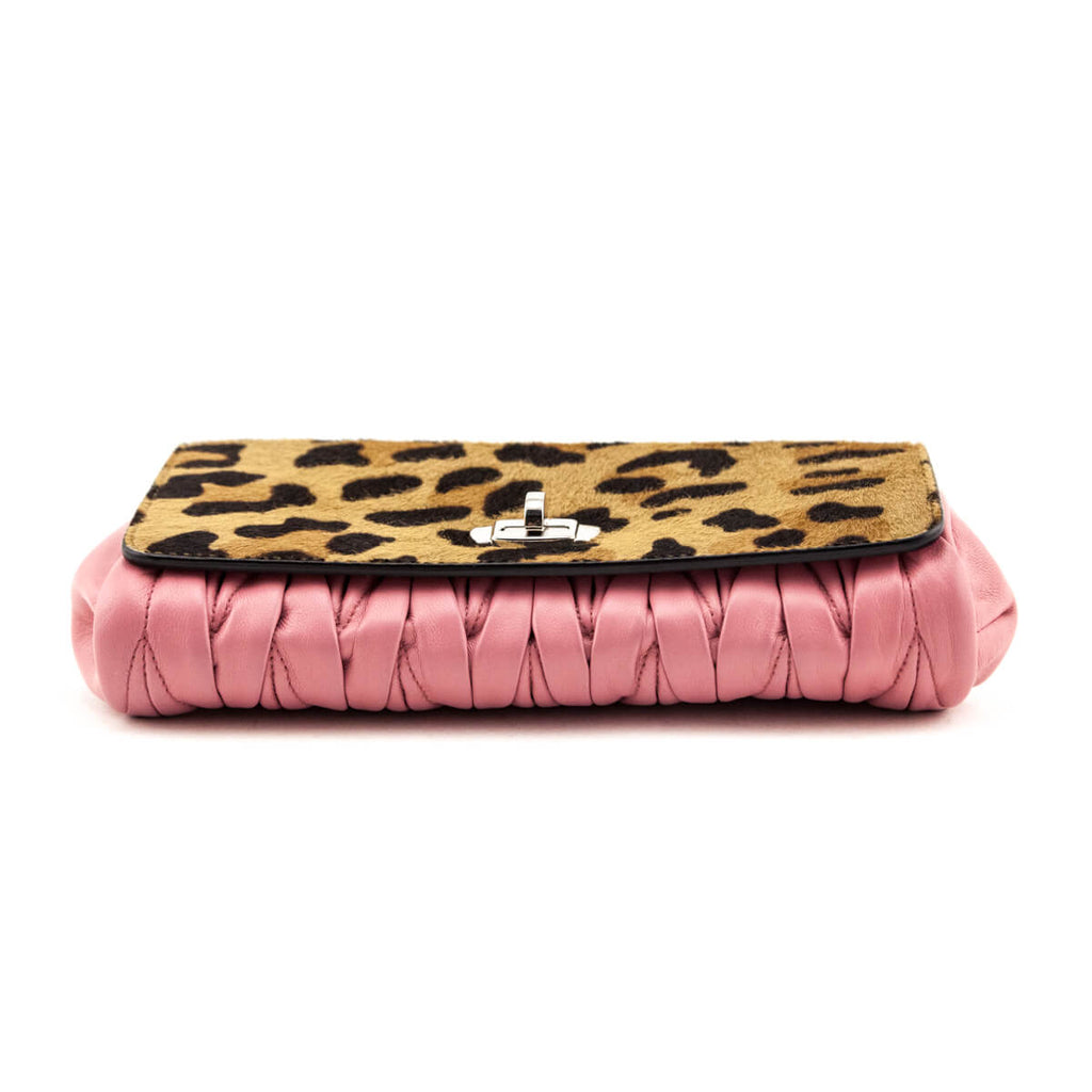 Miu Miu Leopard Calf Hair & Rosa Miele Nappa Matelasse Crystal Chain Shoulder Bag