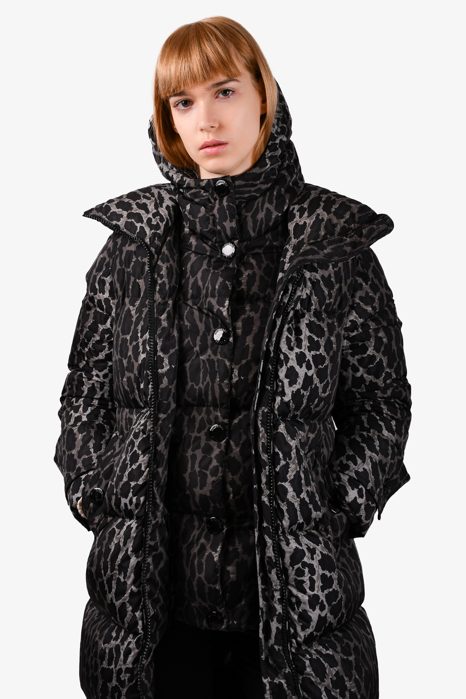 Moncler Grey/Black Leopard Printed 'Keller' Coat Size 0