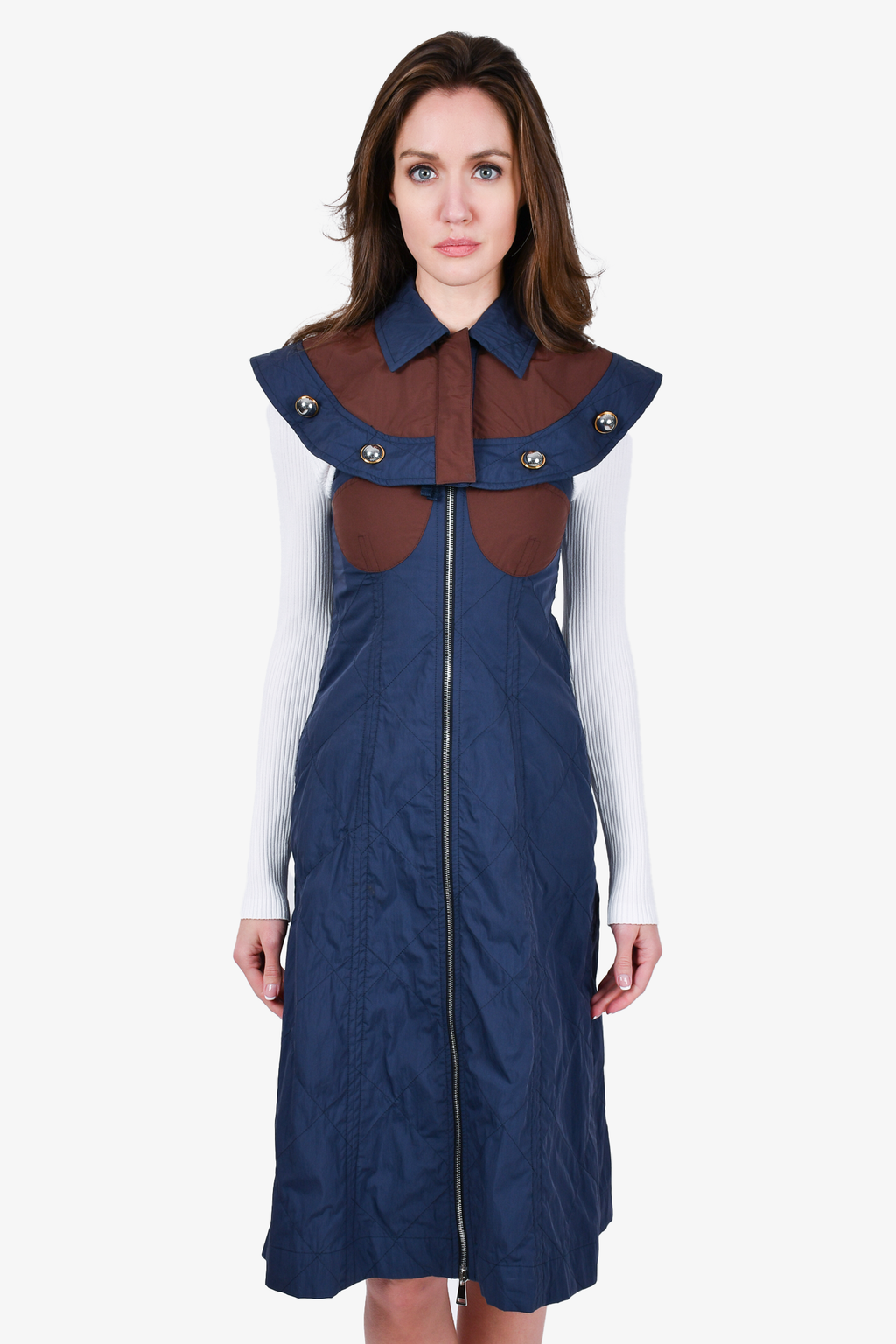 Moncler 'Abito' Brown/Navy Shirt Midi Dress Size XS