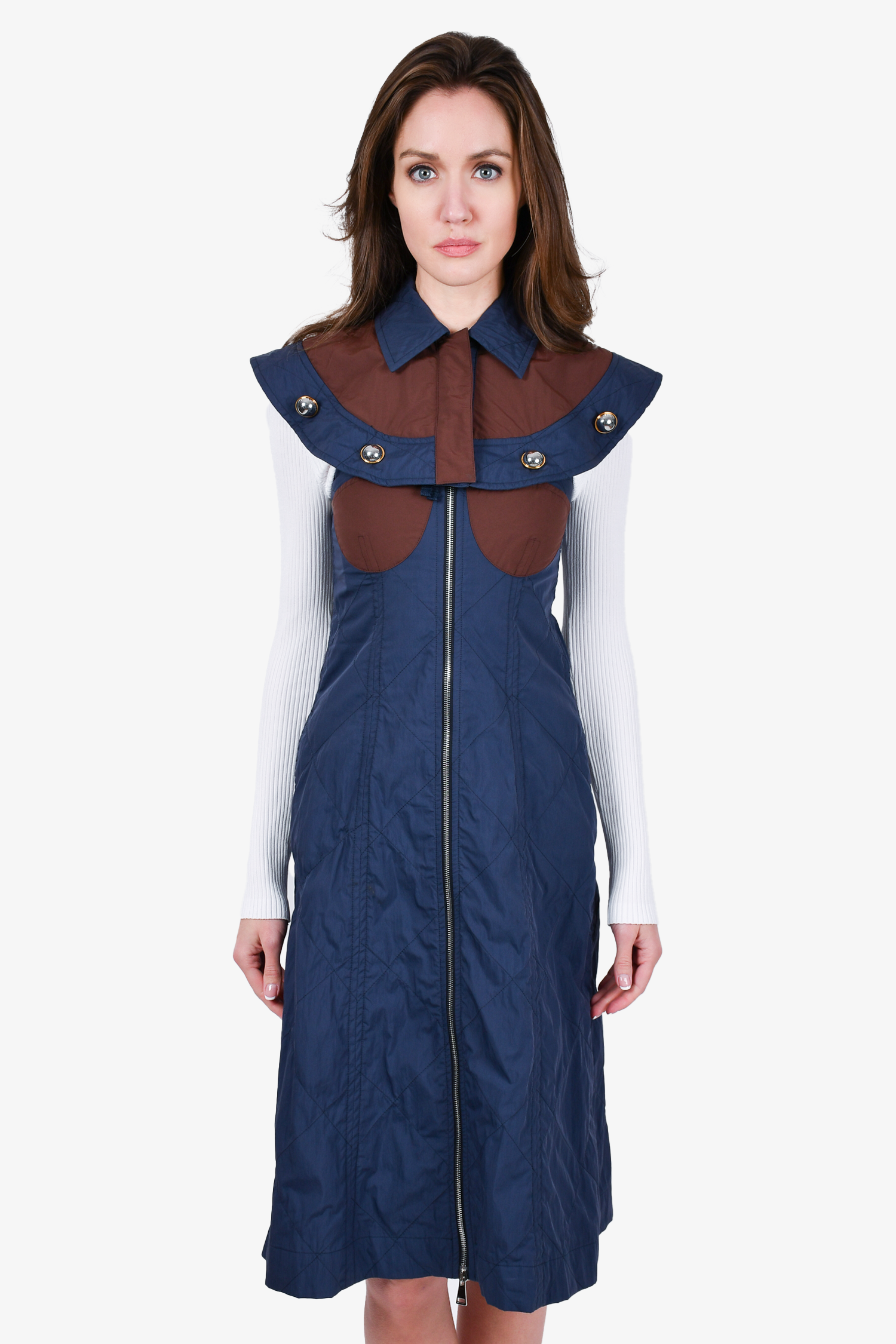 Moncler 'Abito' Brown/Navy Shirt Midi Dress Size XS