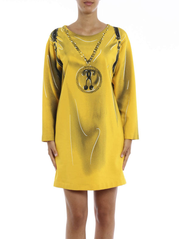 MOSCHINO ROBE COUTURE JAUNE NECKLACE PRINT DRESS