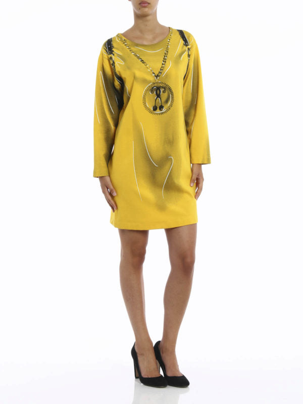 MOSCHINO ROBE COUTURE JAUNE NECKLACE PRINT DRESS