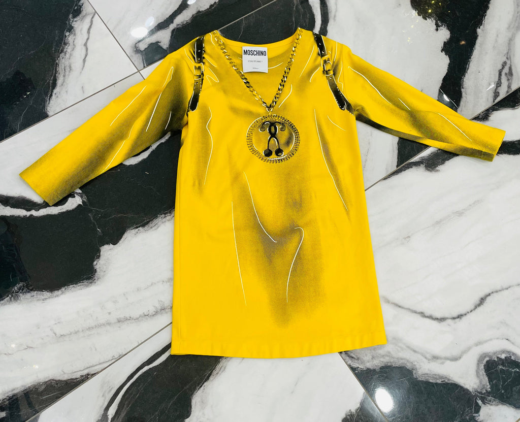 MOSCHINO ROBE COUTURE JAUNE NECKLACE PRINT DRESS