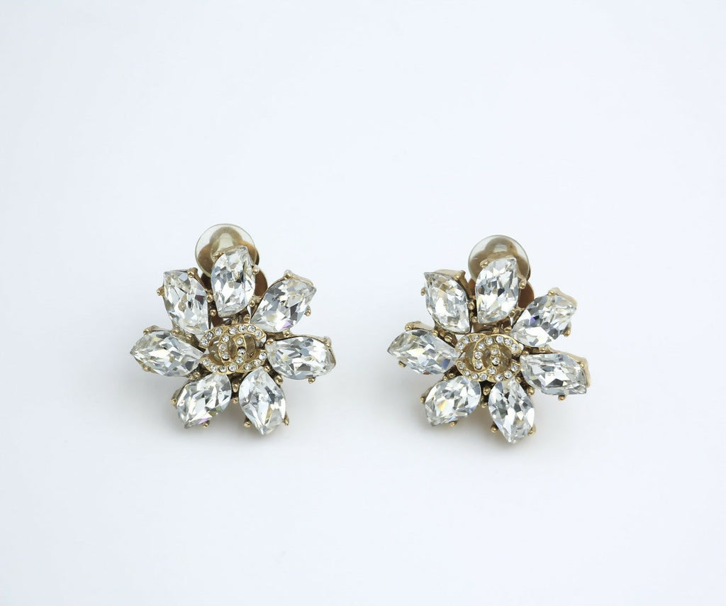 Chanel Vintage 02A Rhinestone Sparkling Ice Crystal Flower Clip-on Earrings