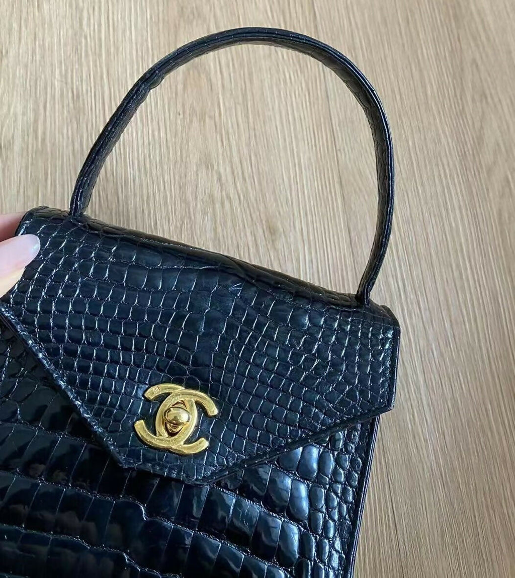 Chanel Vintage Black Crocodile Top Handle Kelly Bag