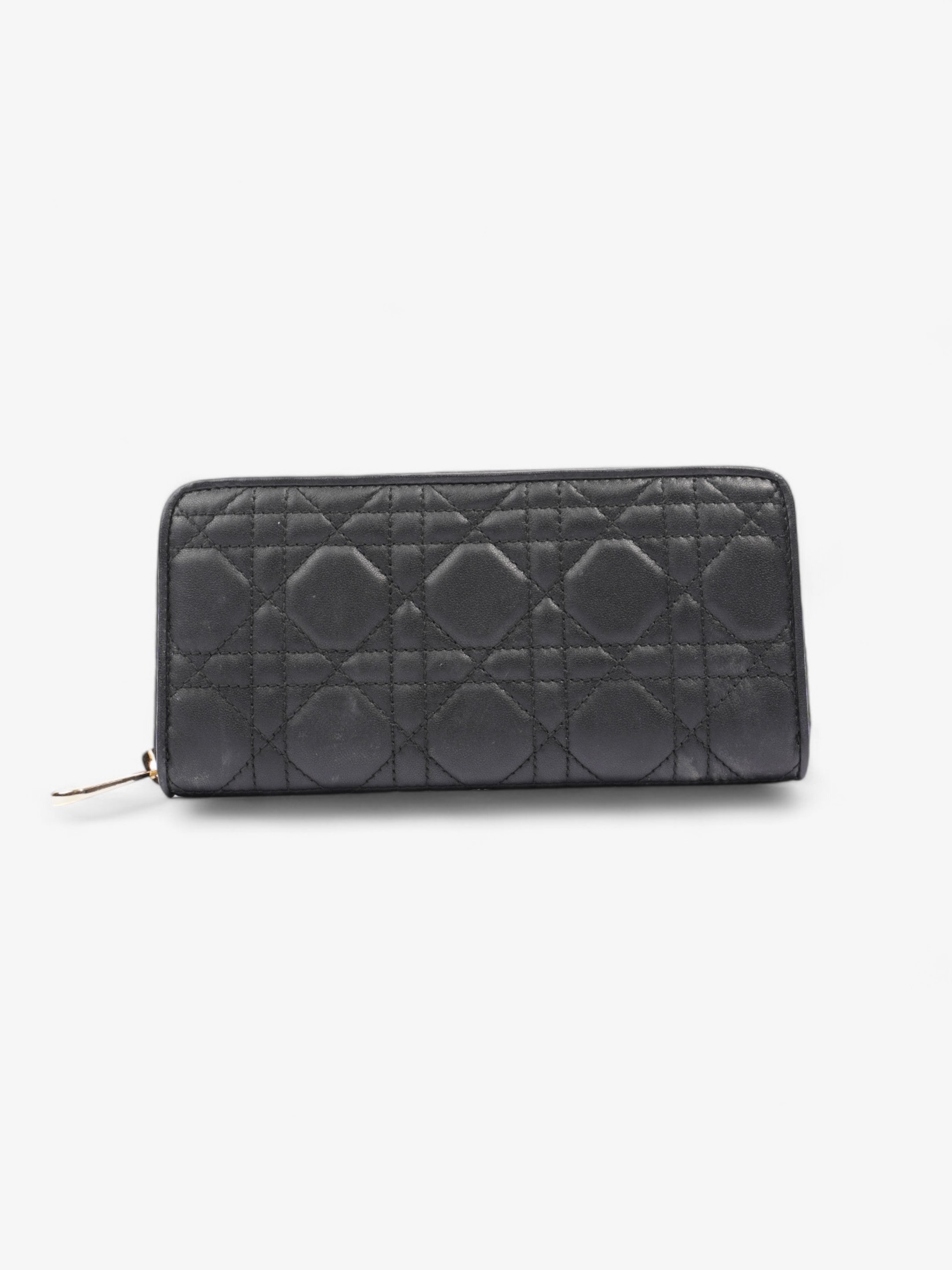 Christian Dior Cannage Zip Around Wallet Black / Gold Lambskin Leather