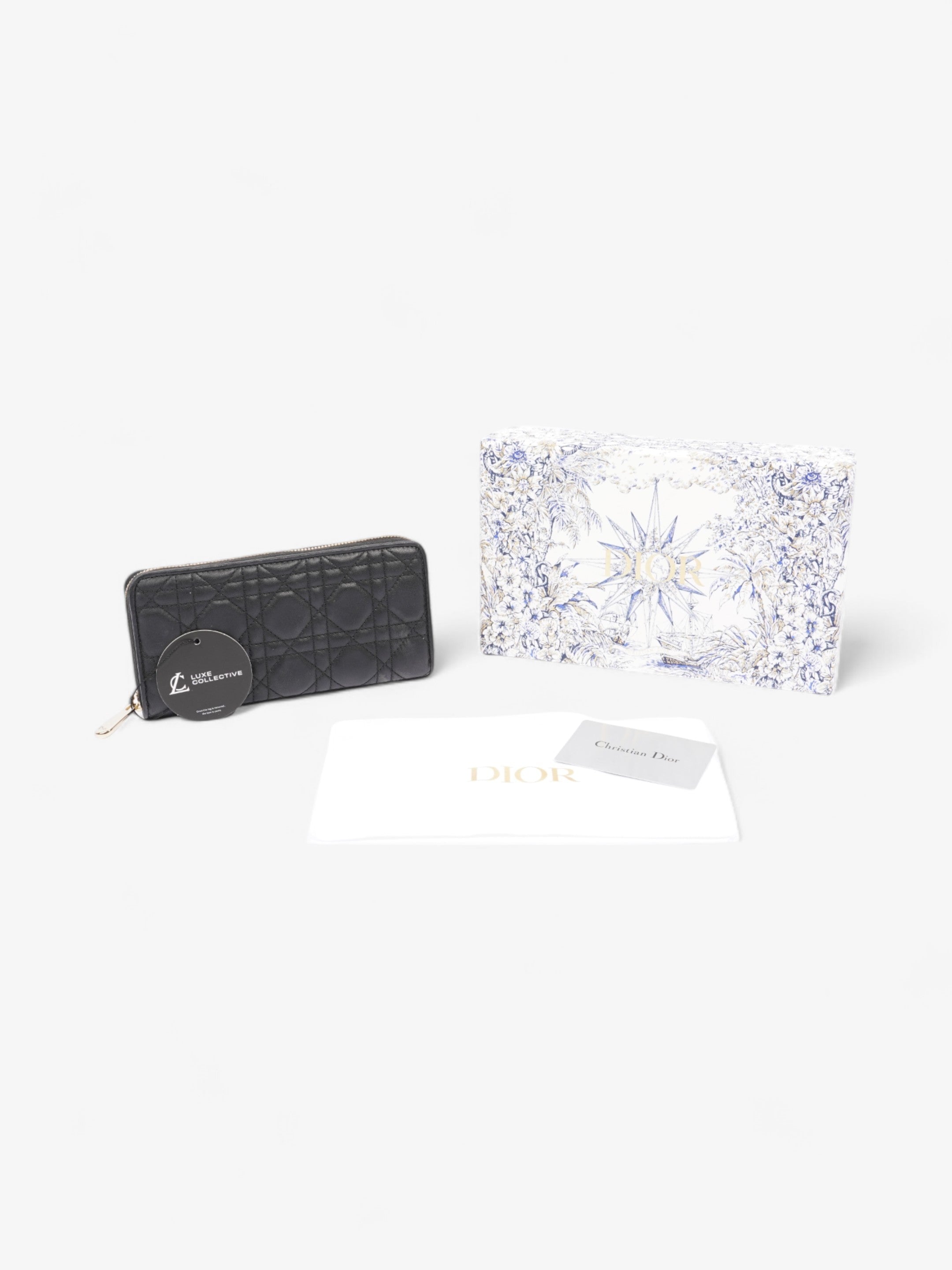 Christian Dior Cannage Zip Around Wallet Black / Gold Lambskin Leather