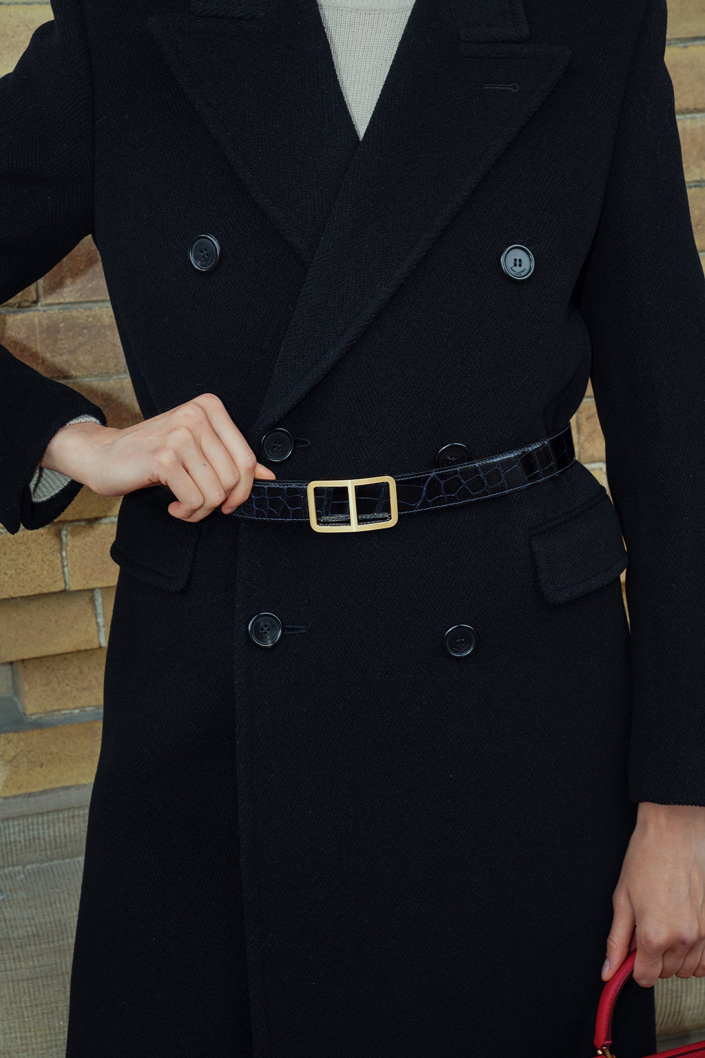 Hermès Navy Shiny Crocodile Porosus Leather Officer Buckle Belt
