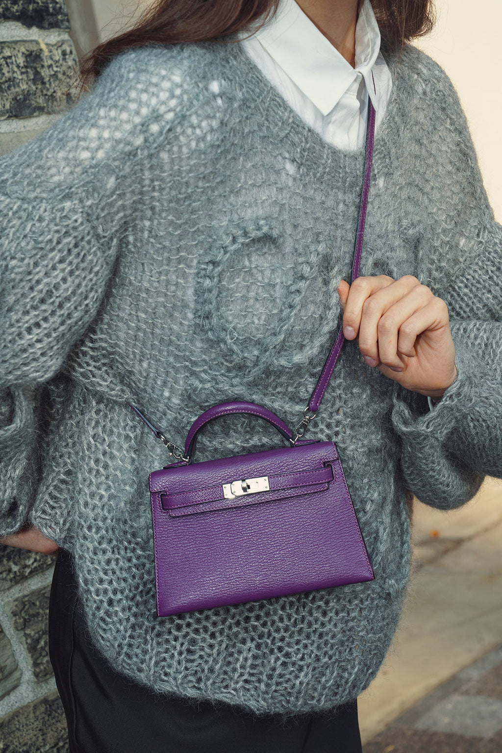Hermès 2021 Violet/Blue Marine Mysore Chevre Leather Mini Kelly PHW With Strap