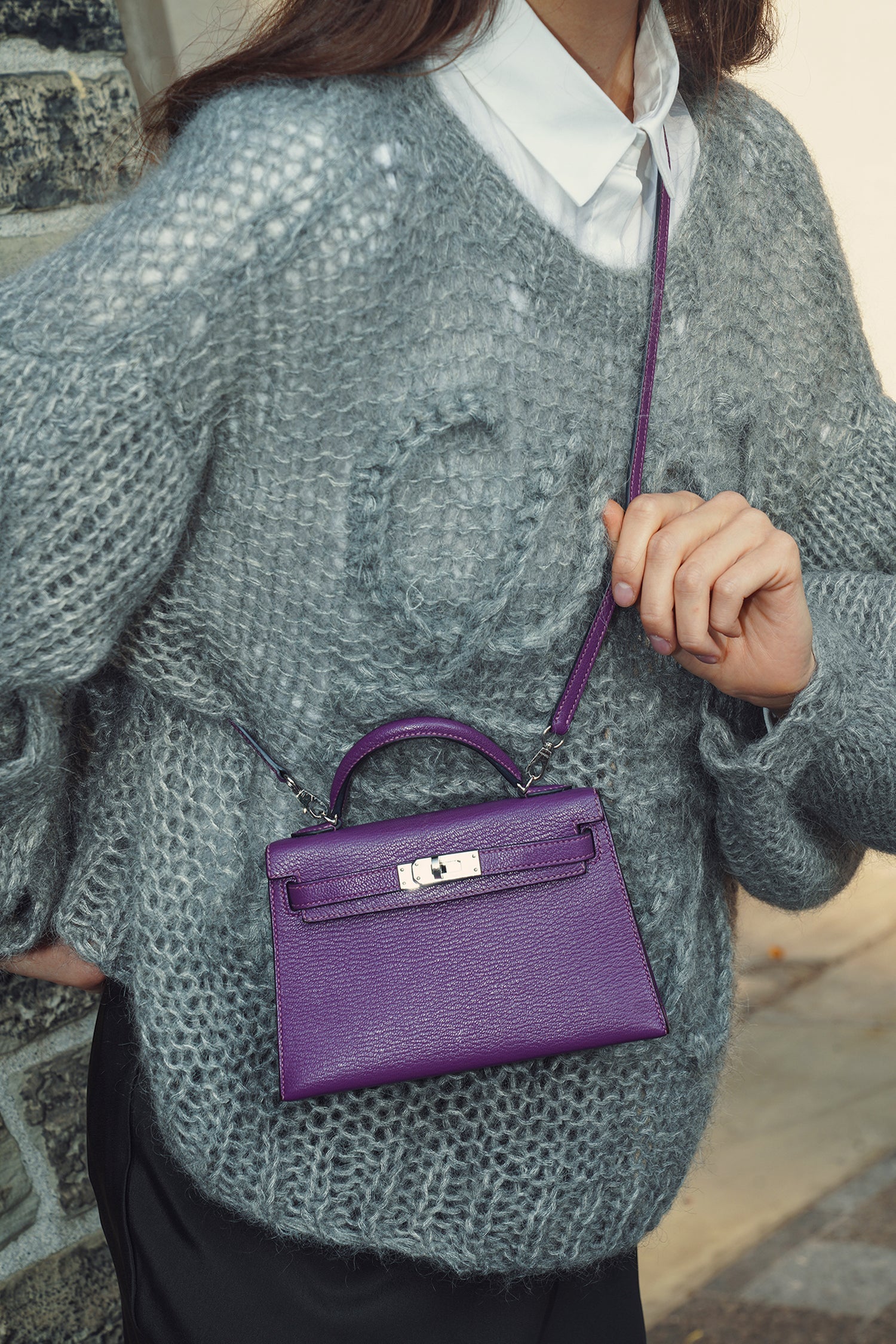 Hermès 2021 Violet/Blue Marine Mysore Chevre Leather Mini Kelly PHW With Strap