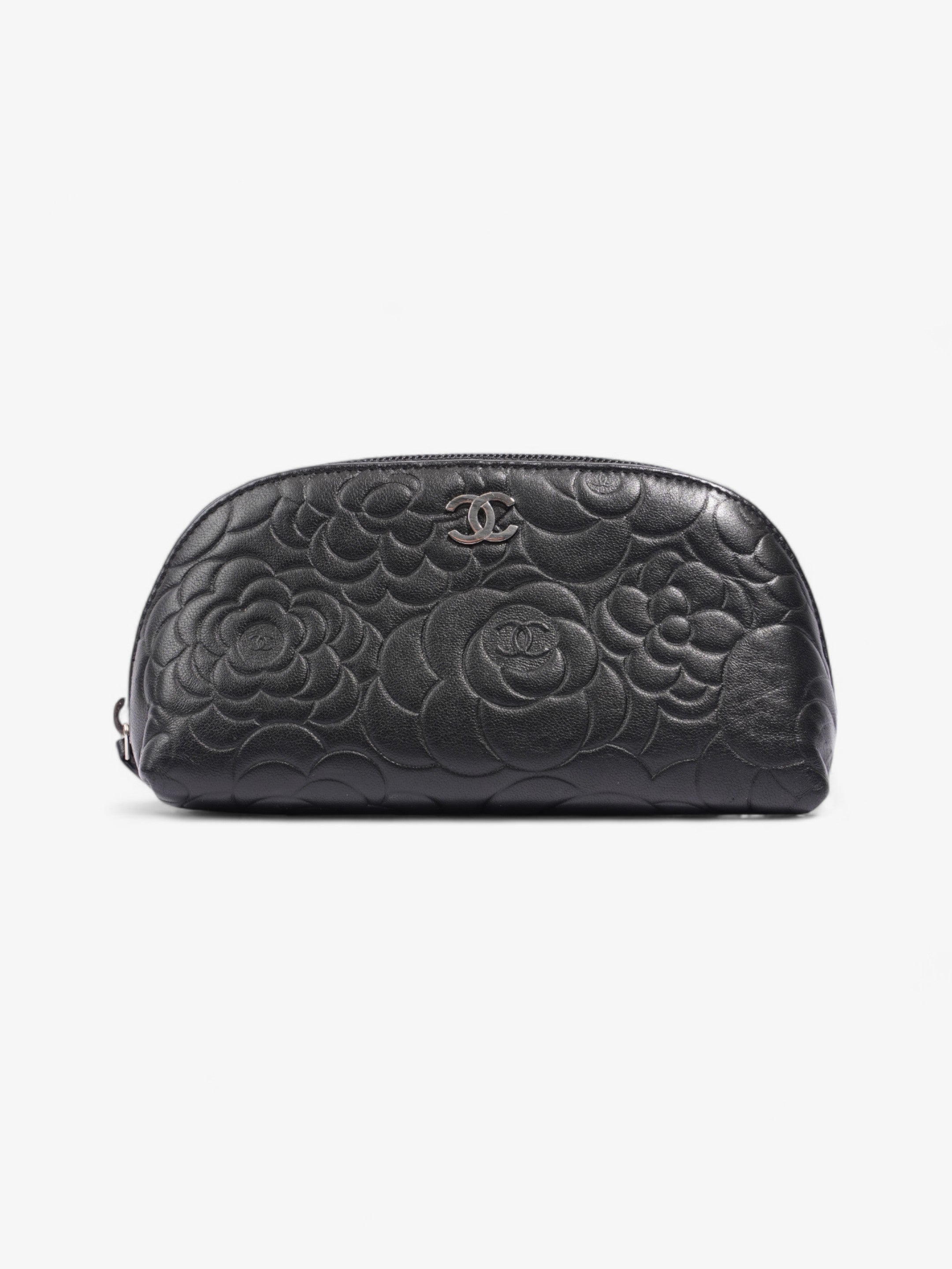 Chanel Camellia Cosmetic Pouch Black Lambskin Leather
