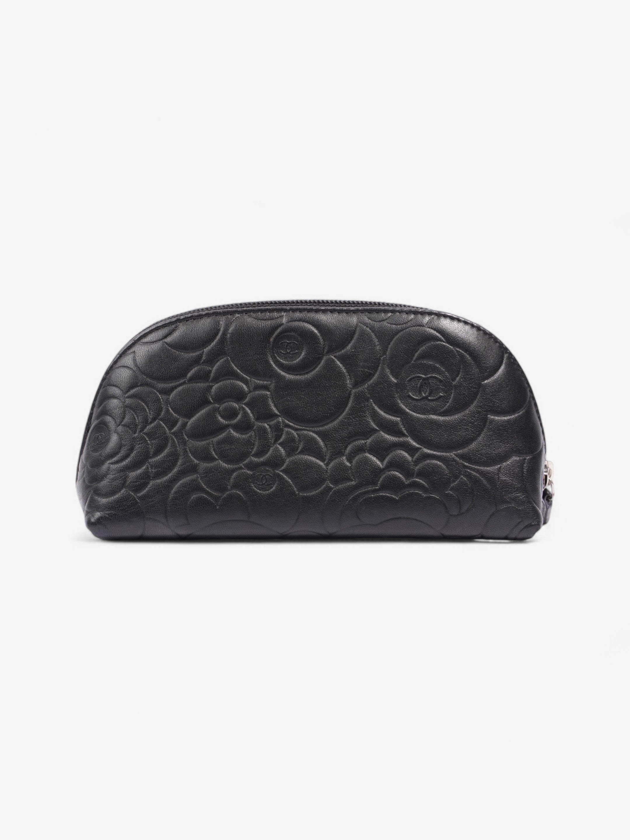 Chanel Camellia Cosmetic Pouch Black Lambskin Leather