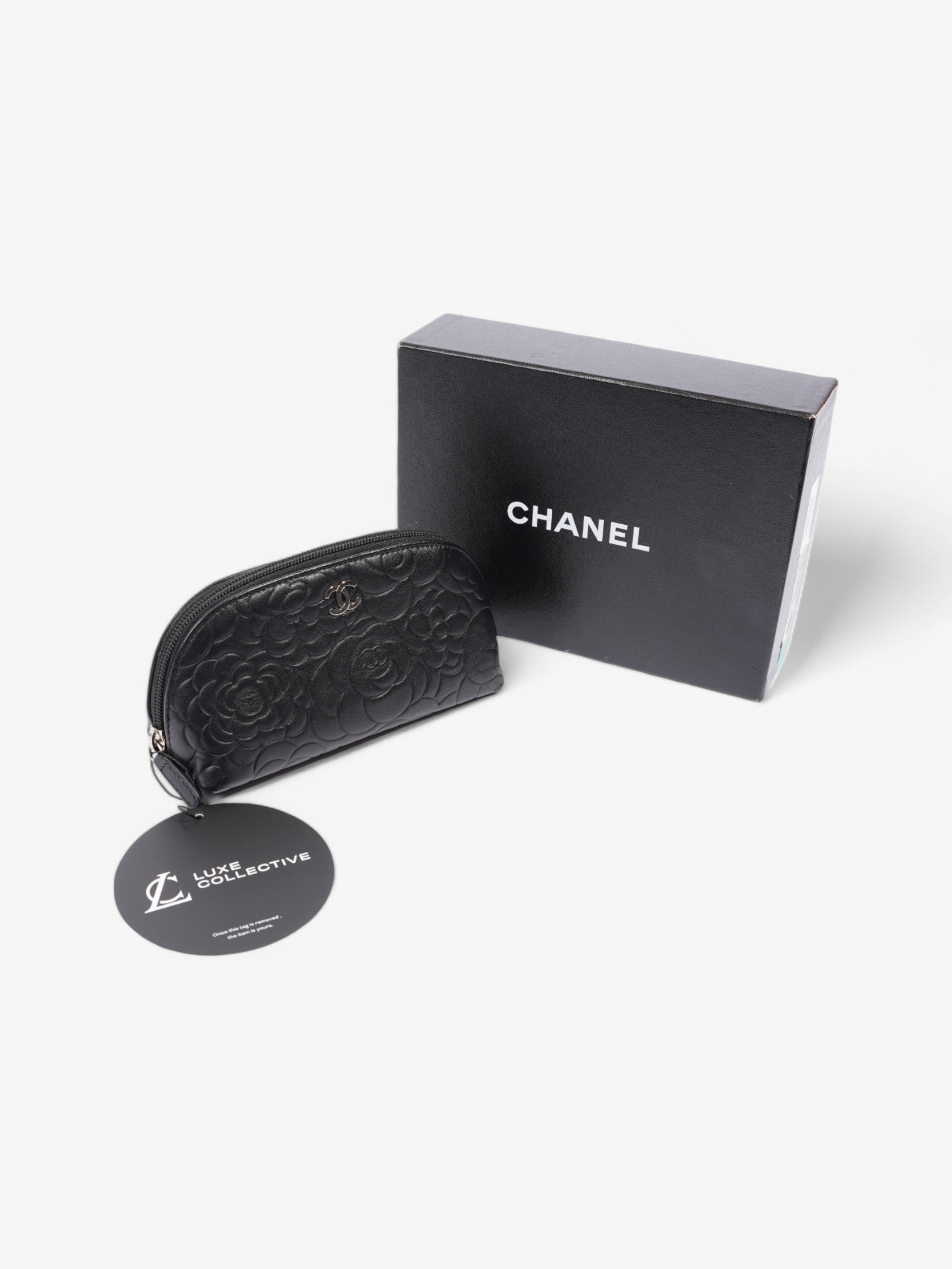 Chanel Camellia Cosmetic Pouch Black Lambskin Leather