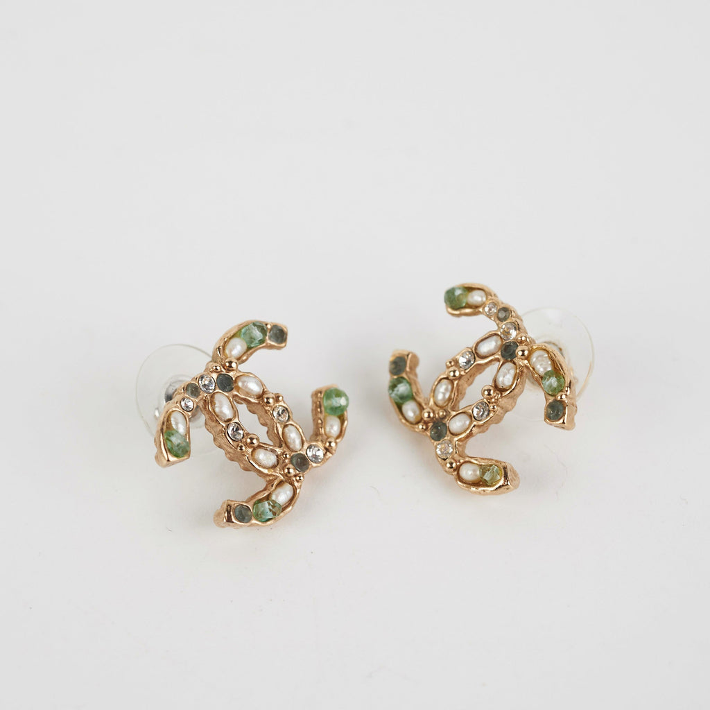 Chanel Coco Logo Green Pearl Rhinestone Earrings Costume Jewellery