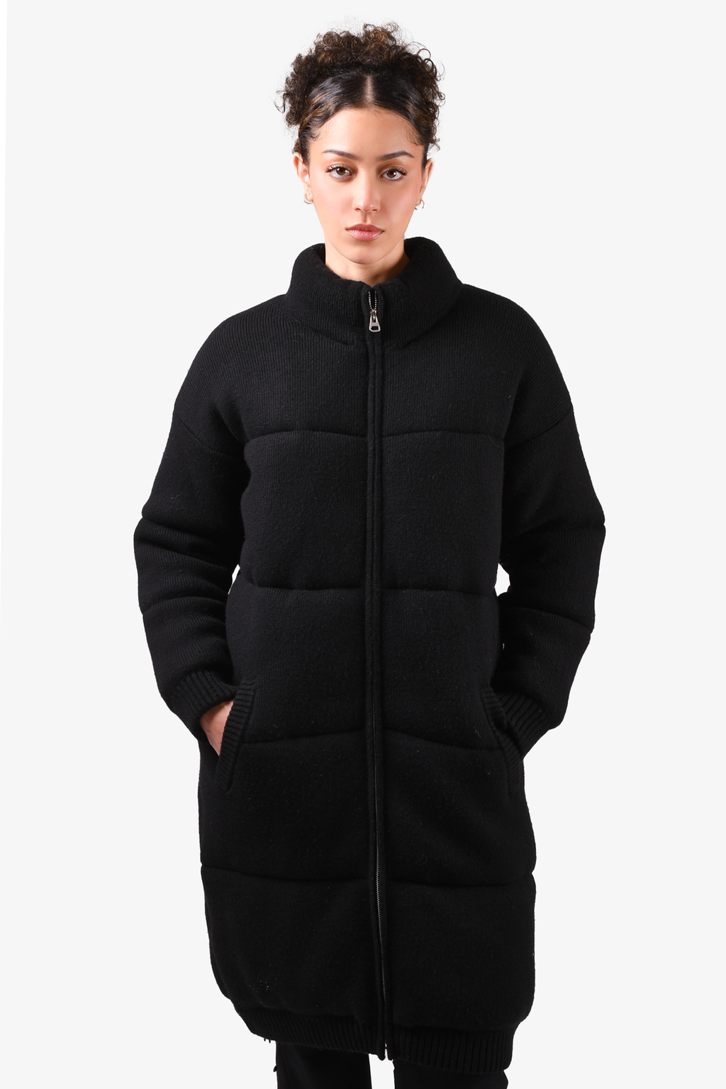 Naadam Black Wool Padded Long Bomber Jacket Size M