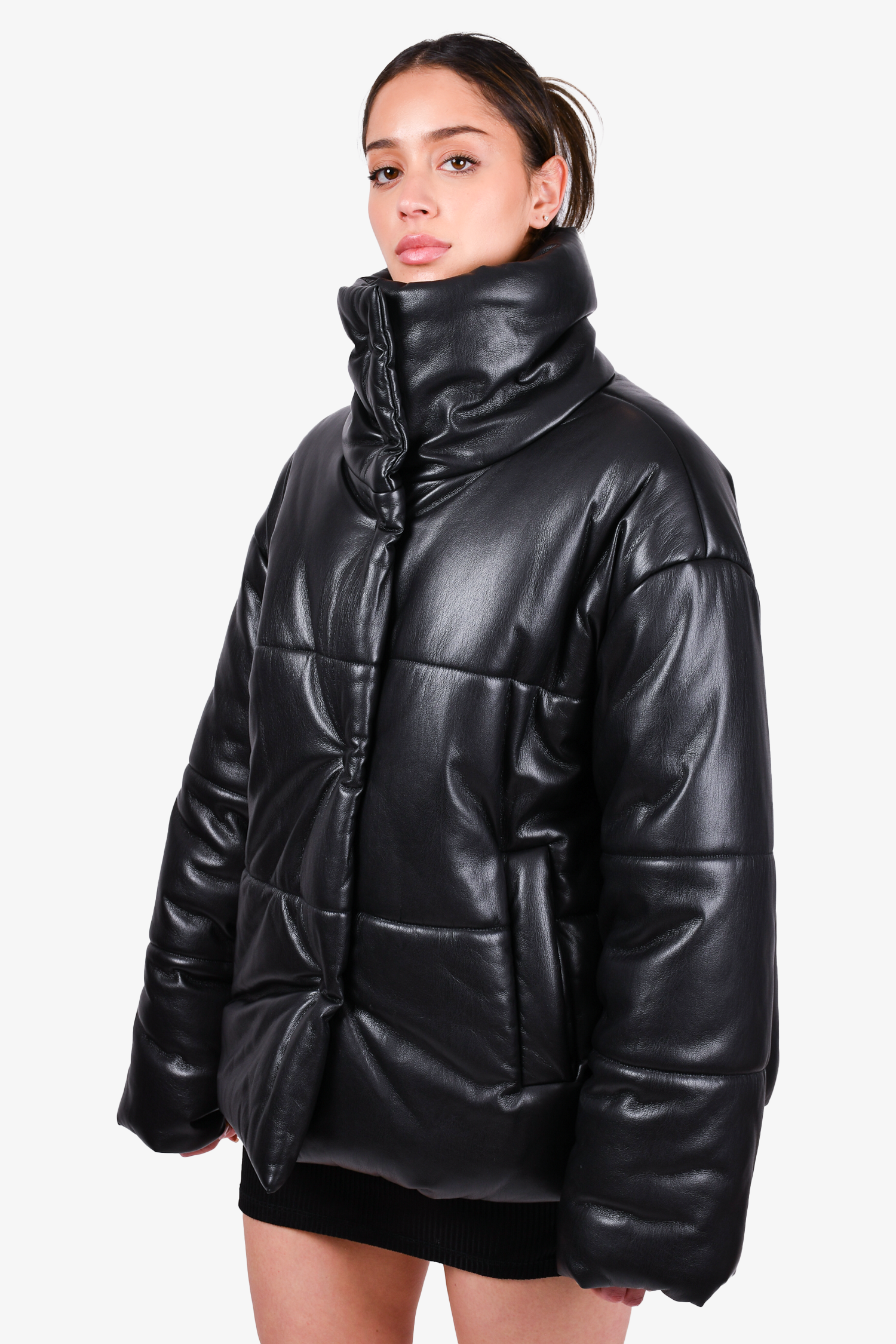 Nanushka Black Faux Leather Puffer Jacket Size L