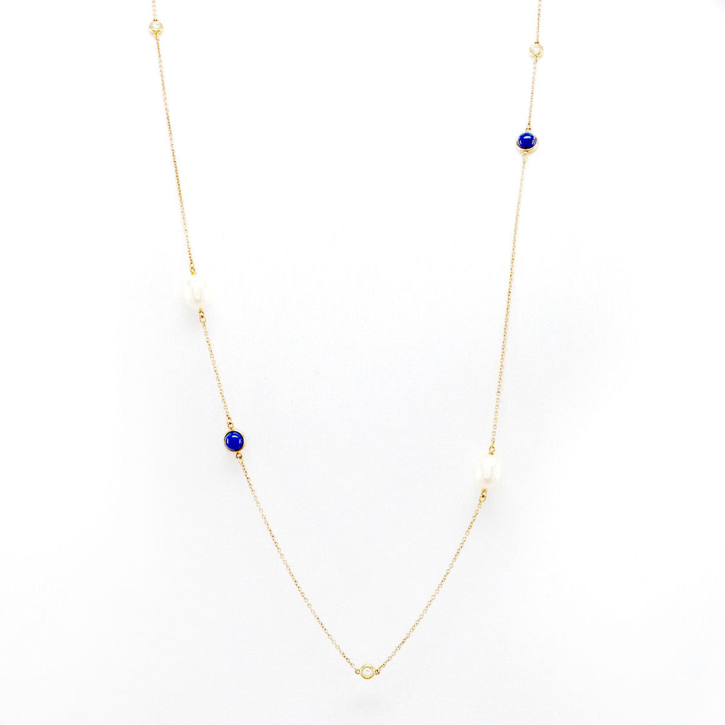 Elsa Peretti Diamonds By The Yard 13 Station Necklace 18K Yellow Gold with Diamonds and Pearls with Lapis Lazuli