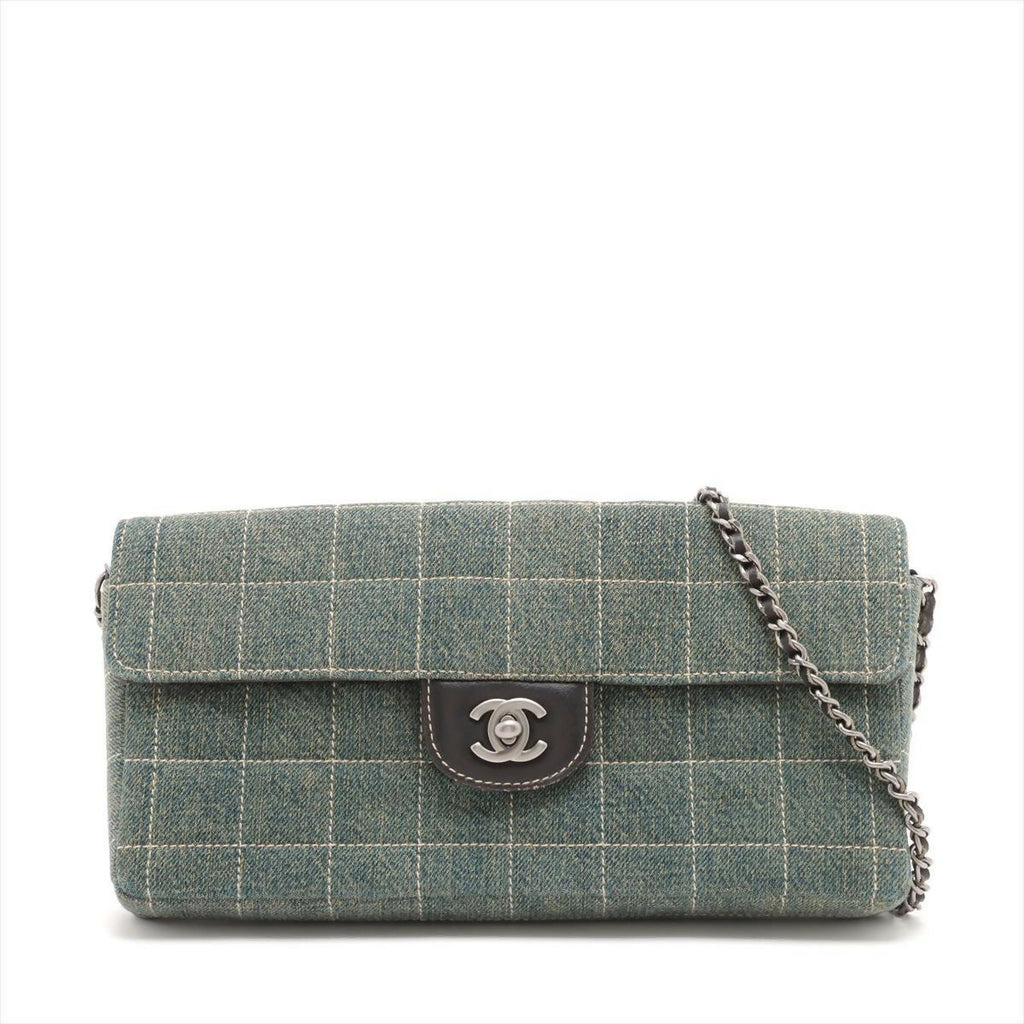 Chanel Denim Chocolate Bar Quilted East West Matte Silver Chain Flap Bag