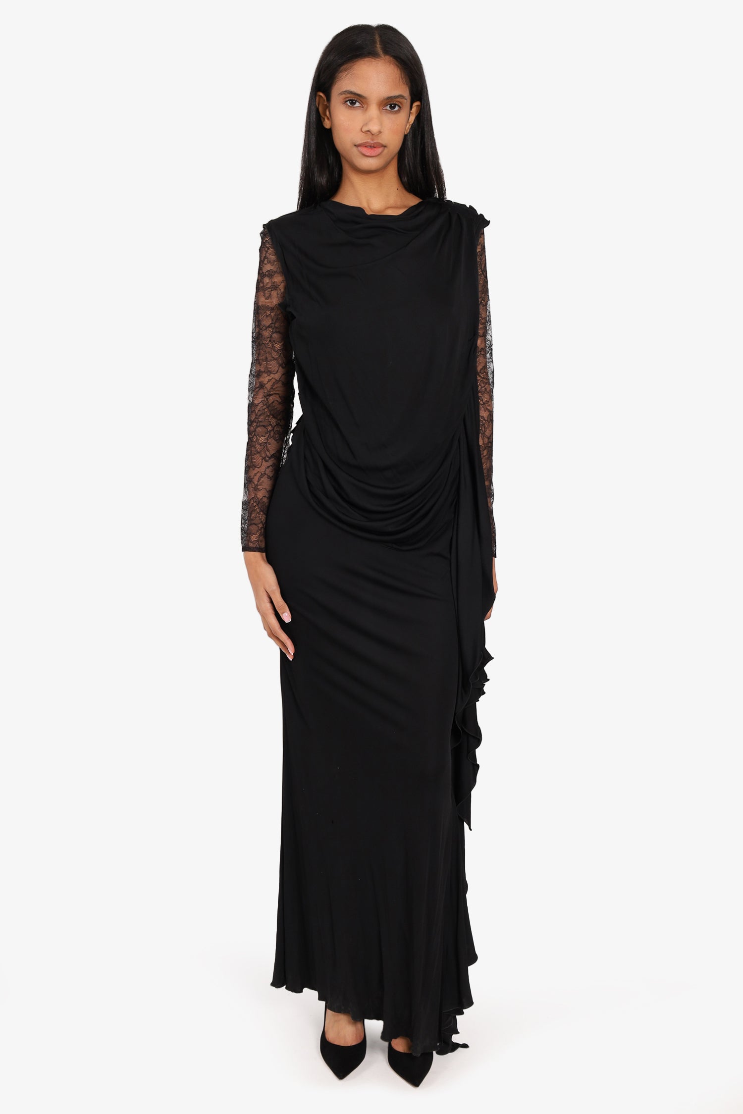 Nina Ricci Black Ruffle Gown with Lace Size 38