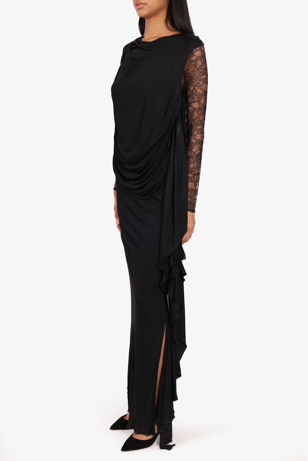 Nina Ricci Black Ruffle Gown with Lace Size 38