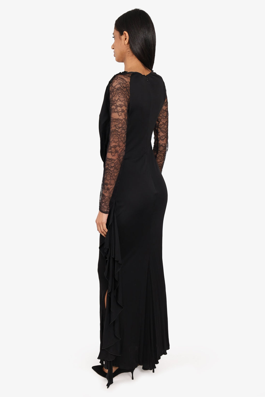 Nina Ricci Black Ruffle Gown with Lace Size 38