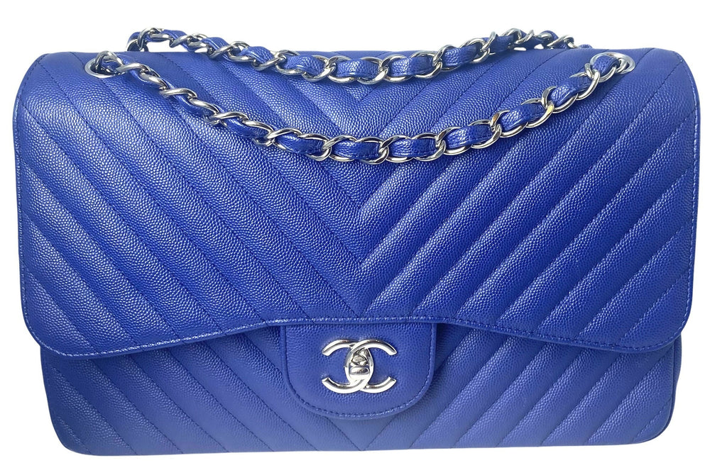 Chanel 2019 Bright Blue Caviar Chevron Quilted Jumbo Double Flap Timeless Classic Bag SHW