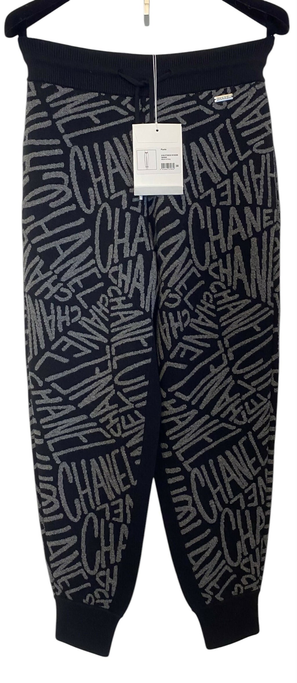 NWT Chanel Logo 21N Coco Neige Black Grey Cashmere Bottoms Lounge Pants FR 38