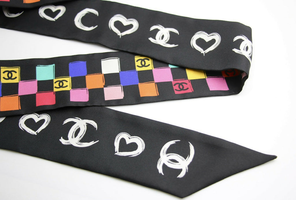CHANEL 100% Silk Twilly Checkered Pattern CC Logo Scarf in Black and Multicolour