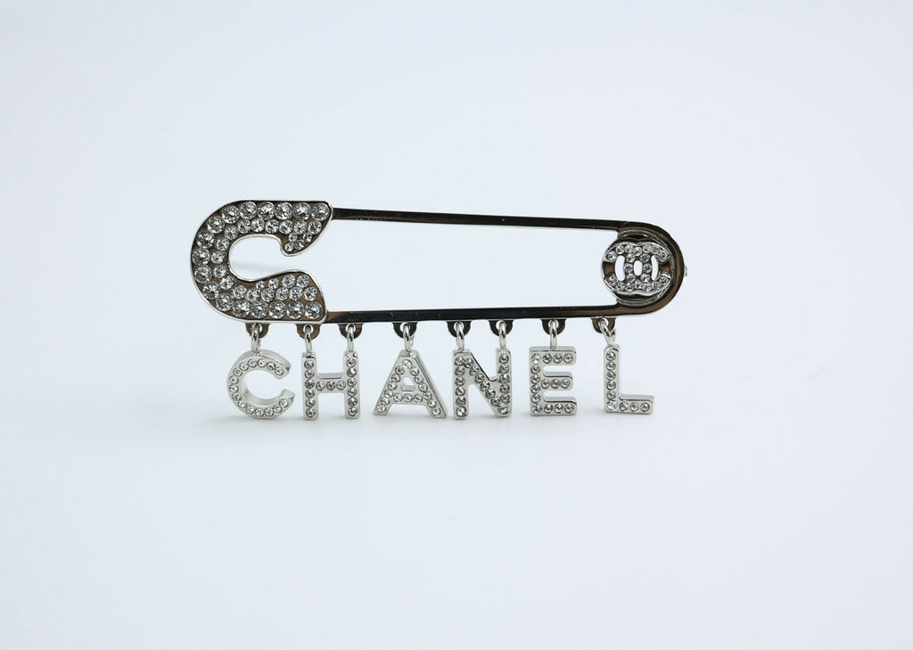 Chanel B18P Rhinestone Metal Thick ‘CHANEL’ Brooch