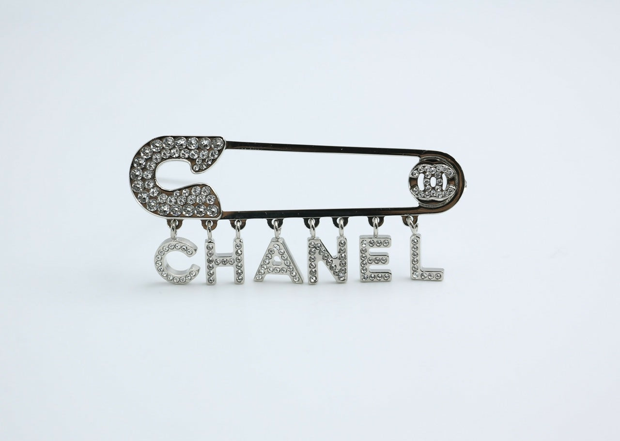 Chanel B18P Rhinestone Metal Thick ‘CHANEL’ Brooch