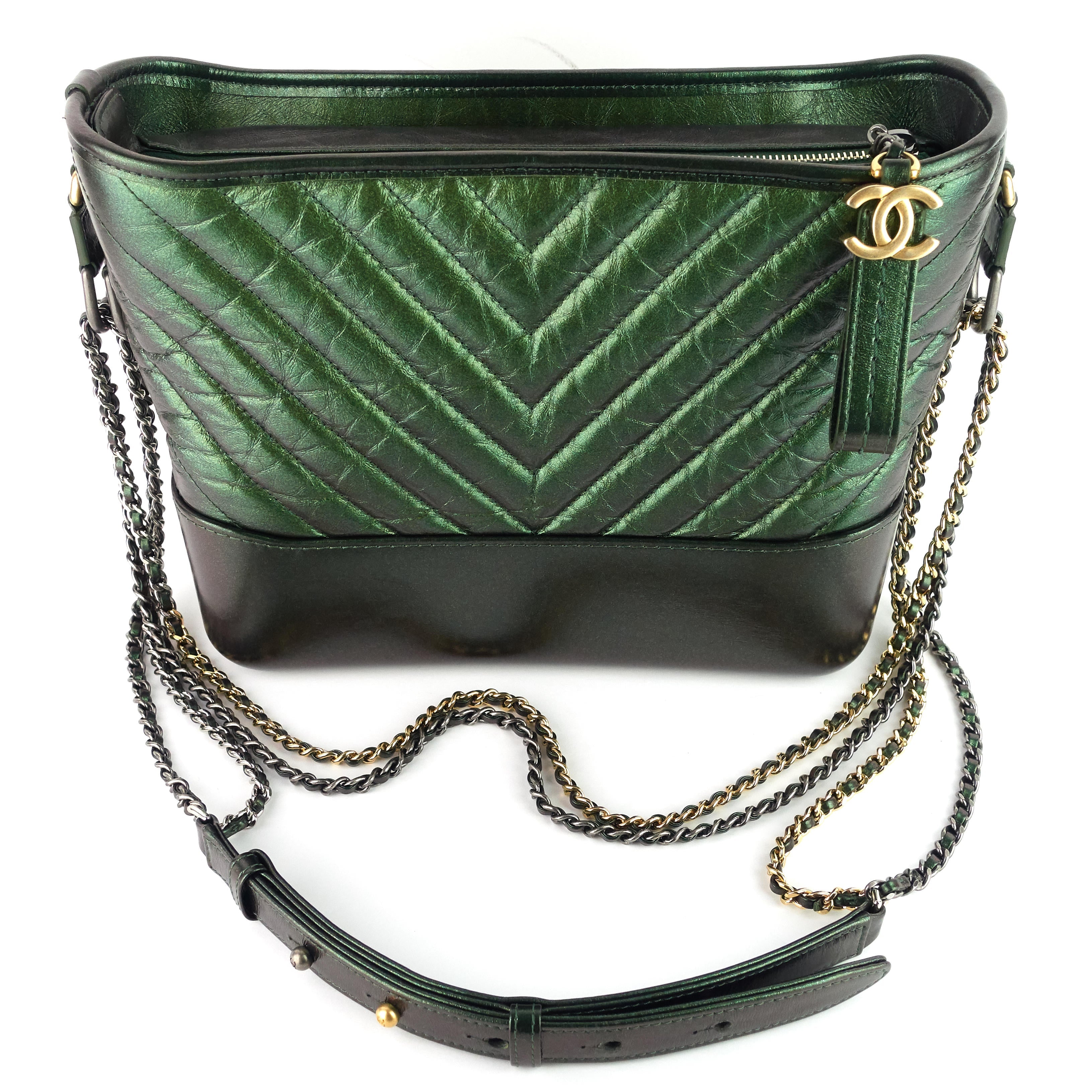 Chanel Gabrielle Medium Chevron Metallic Leather Hobo Bag