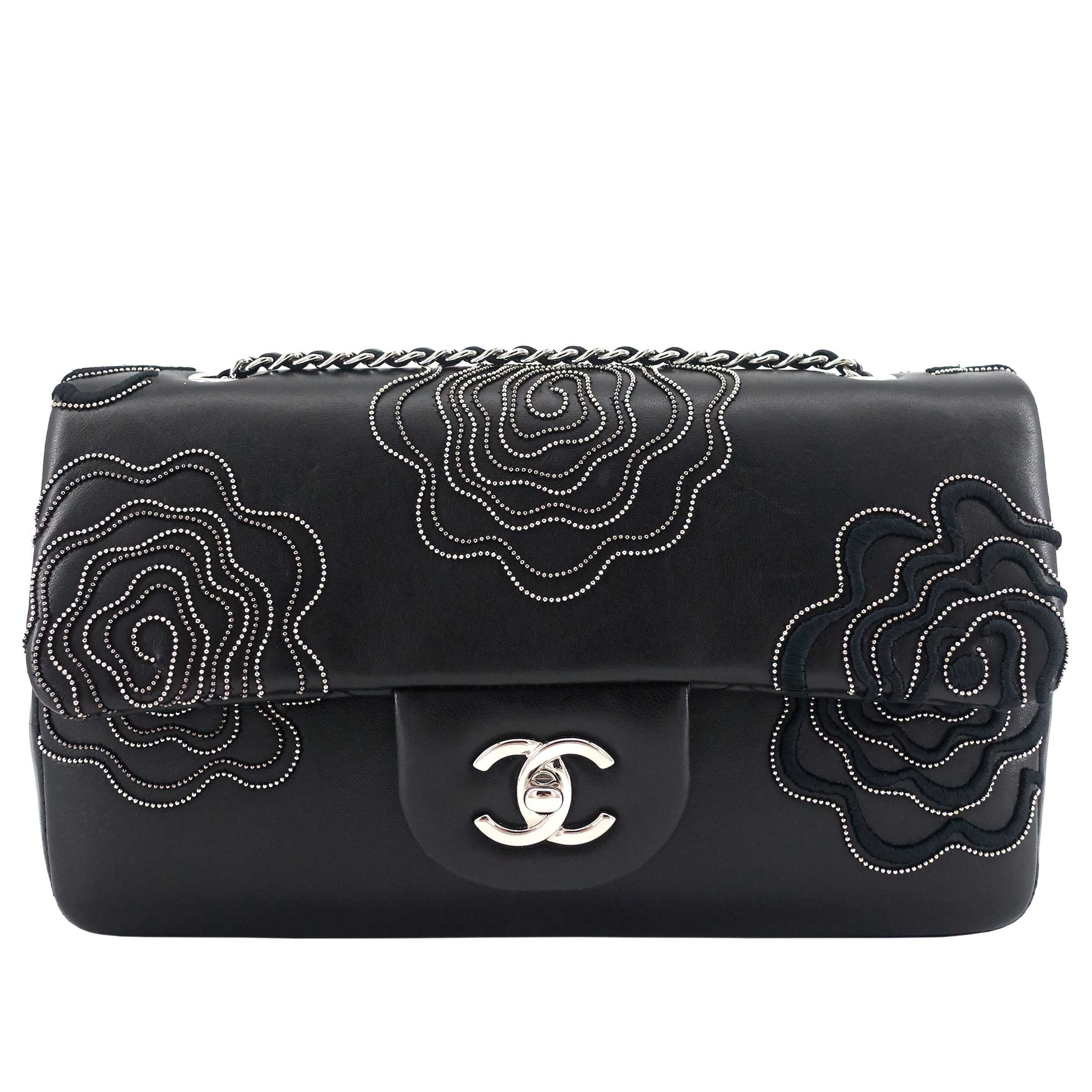 Chanel Embroidered Camellia Follies Medium Lambskin Leather Flap Bag