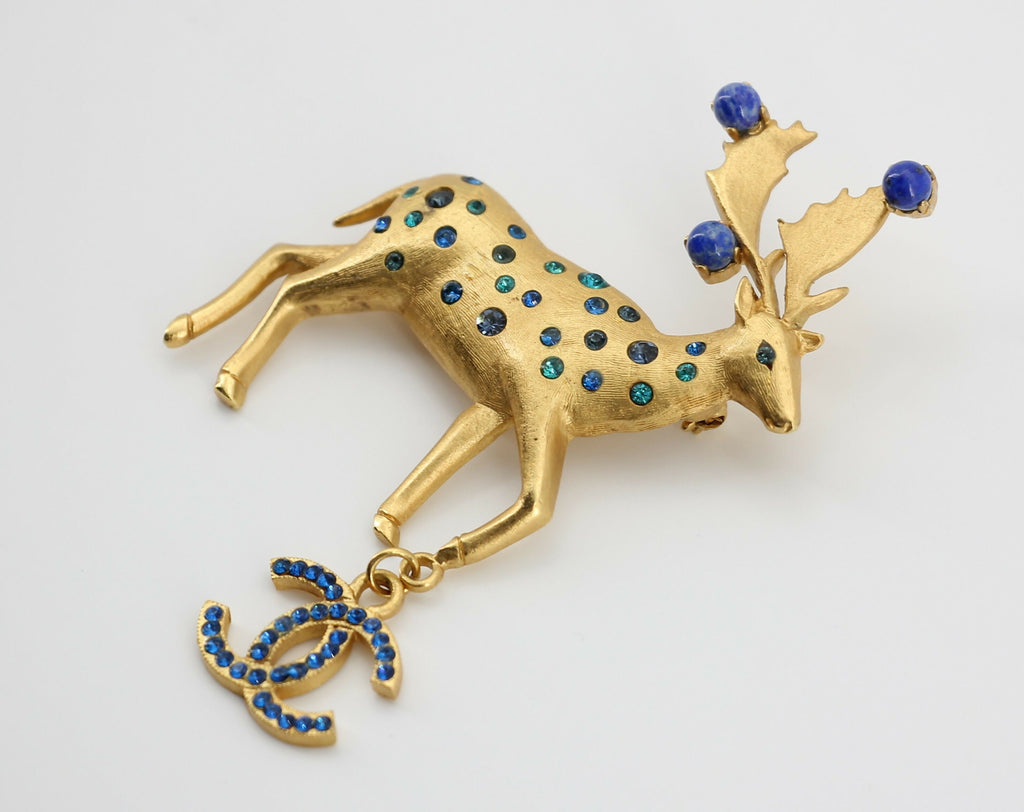 Chanel Vintage 01A Rhinestone Blue Golden Green Reindeer Brooch