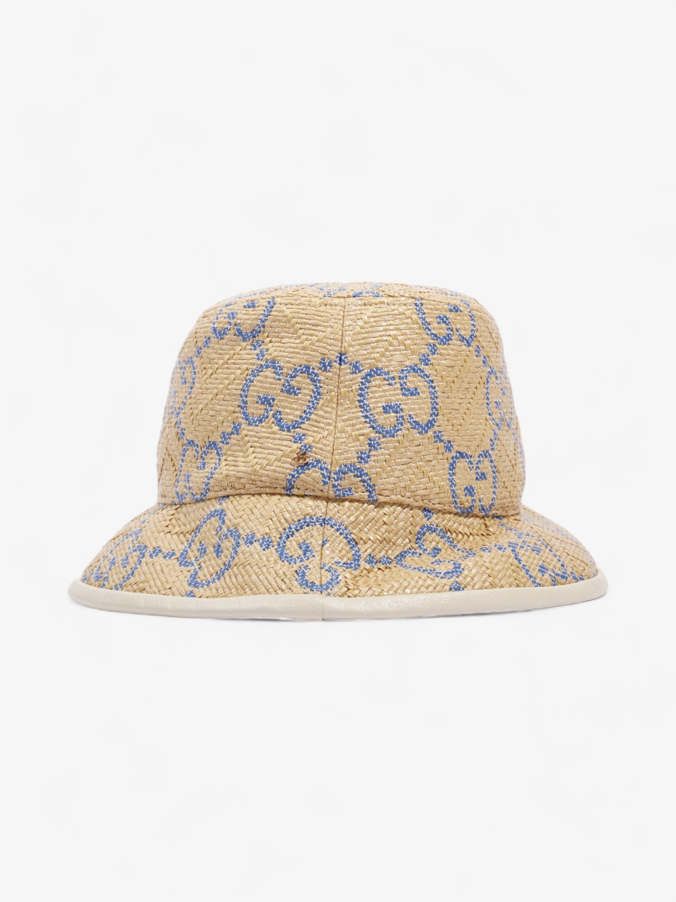 Gucci GG Raffia Effect Bucket Hat Natural / Blue Polyamide Large